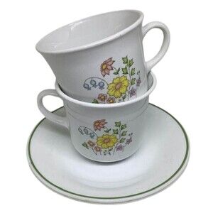 Corelle Spring Meadow Coffee Cup Saucer Lot 2 Sets Corning Ware Flower White Vtg